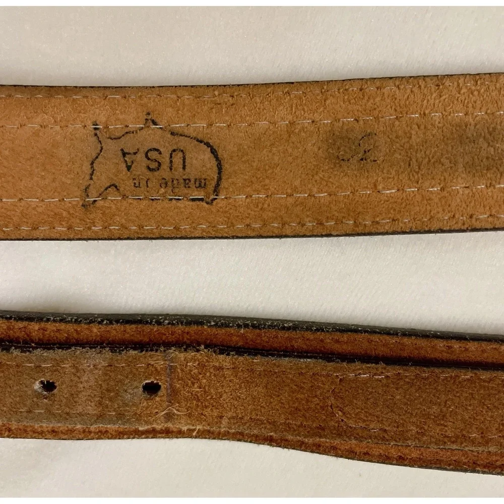 Lytone Belt Mens 32 Brown Leather Western Brass Buckle Needlepoint USA